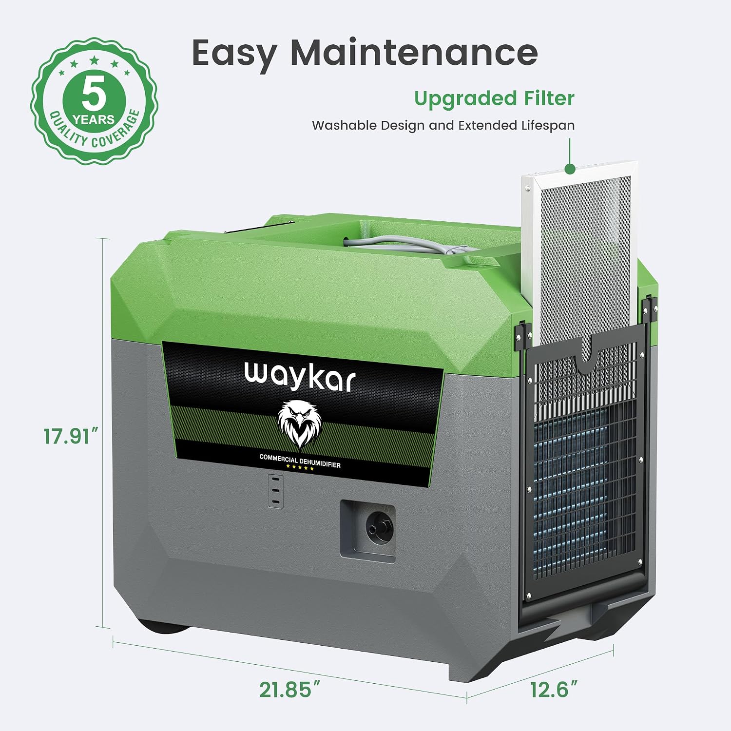 Waykar 150 Pints Commercial Dehumidifier with Pump for Large Areas up to 7,500 Sq. Ft, Stackable Industrial Dehumidifier for Crawl Spaces, Basements, and Water Damage Restoration — 5 Year Coverage