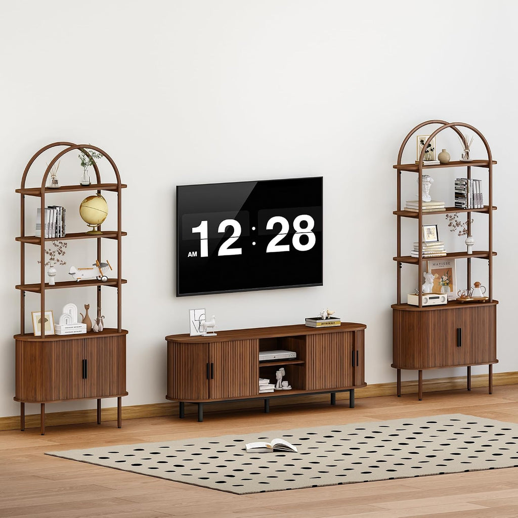 Turtle&Myrtle Tall Arched Bookshelf, Mid Century Modern Fluted Bookcase Cabinet with Sliding Doors, Curved Metal Frame Bookcase, Industrial Storage Display Shelving for Living Room, Bedroom (Walnut)