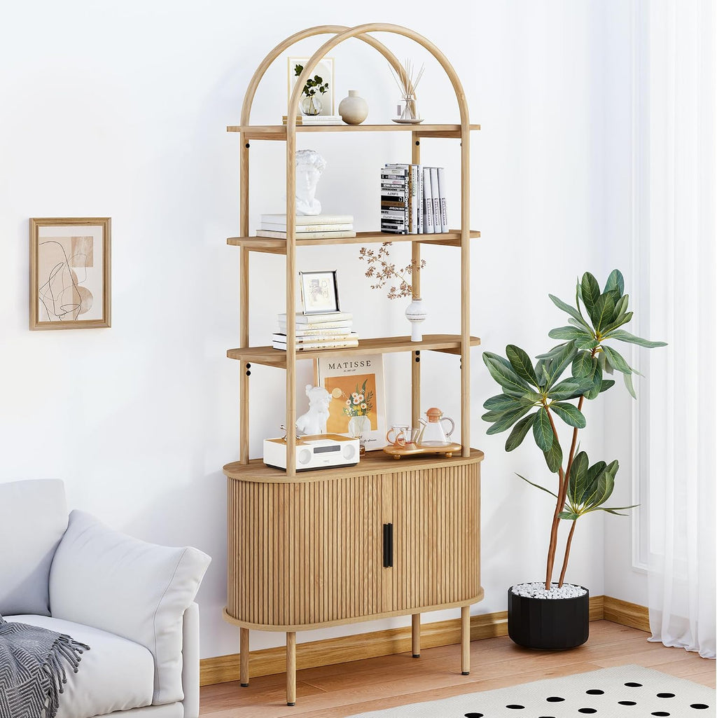 Turtle&Myrtle Tall Arched Bookshelf, Mid Century Modern Fluted Bookcase Cabinet with Sliding Doors, Curved Metal Frame Bookcase, Industrial Storage Display Shelving for Living Room, Bedroom (Natural)