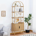 Turtle&Myrtle Tall Arched Bookshelf, Mid Century Modern Fluted Bookcase Cabinet with Sliding Doors, Curved Metal Frame Bookcase, Industrial Storage Display Shelving for Living Room, Bedroom (Natural)