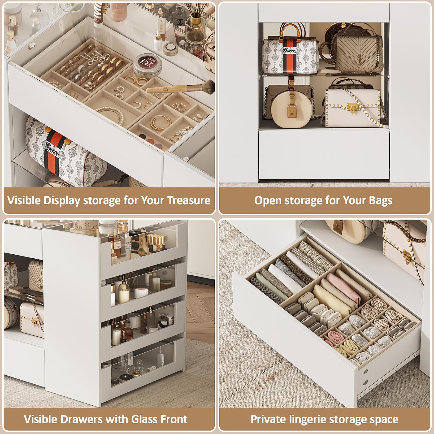 LIVAUVEAD Closet Island with Drawers, Wardrobe Armoire Bedroom Island, Glass Display Shelf & 12 Drawers, White Dresser with Glass Top, Walk-in Closet Island for Bedroom, Cloakroom