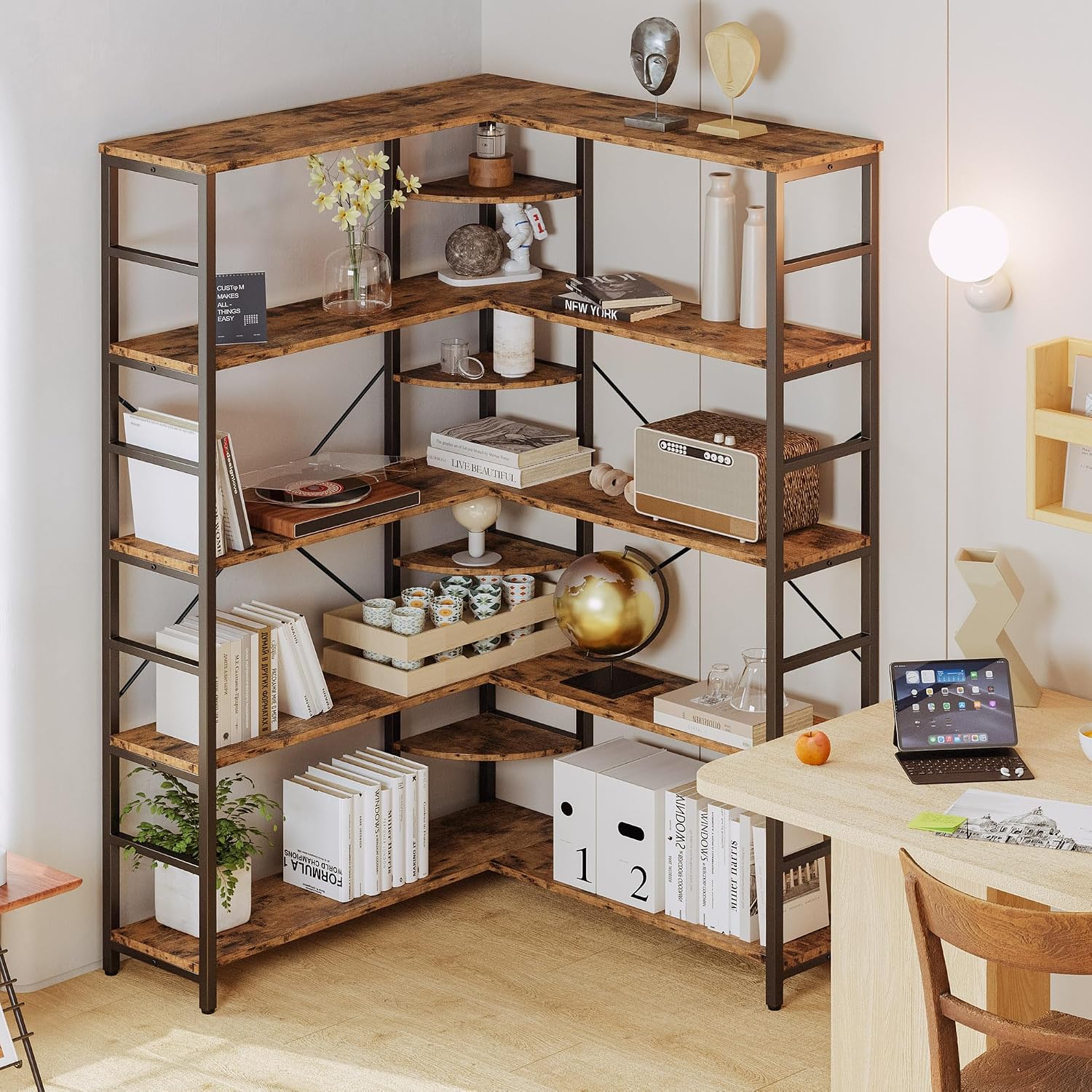IRONCK Industrial Bookcases and Bookshelves, 5-Tiers Corner Bookcase with Curved Panels, L Shaped Shelf with Metal Frame for Open Storage for Living Room Home Office, Vintage Brown