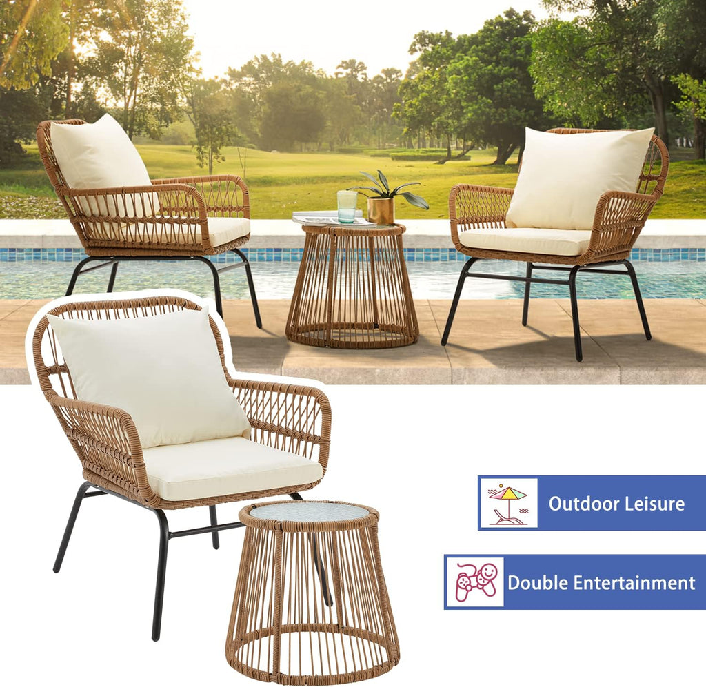 EROMMY 3-Piece Patio Conversation Bistro Set, Outdoor All-Weather Wicker Balcony Furniture with Tempered Glass Top Table & 2 Wide Ergonomic Armchairs, Seat Cushions for Porch, Backyard, White