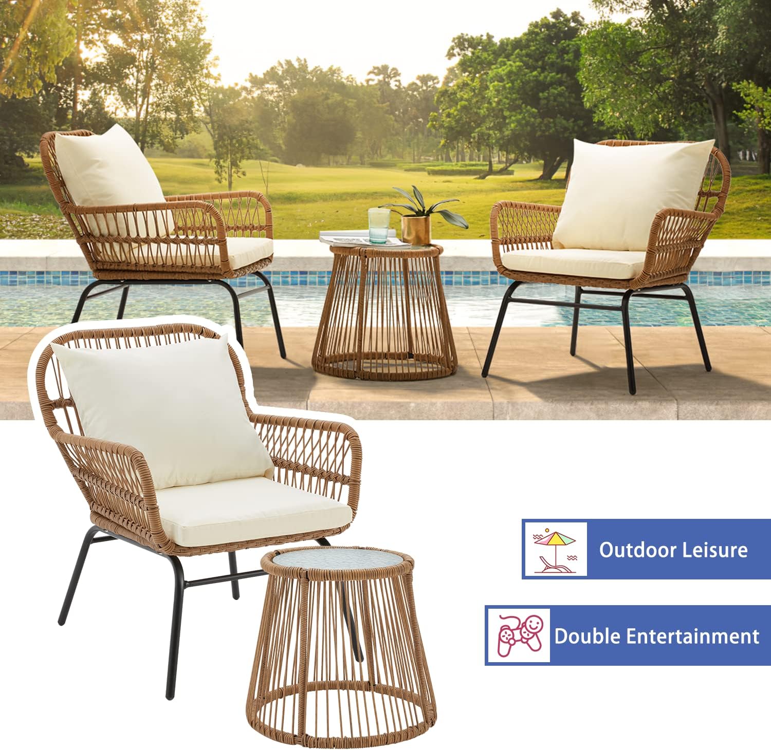 EROMMY 3-Piece Patio Conversation Bistro Set, Outdoor All-Weather Wicker Balcony Furniture with Tempered Glass Top Table & 2 Wide Ergonomic Armchairs, Seat Cushions for Porch, Backyard, White