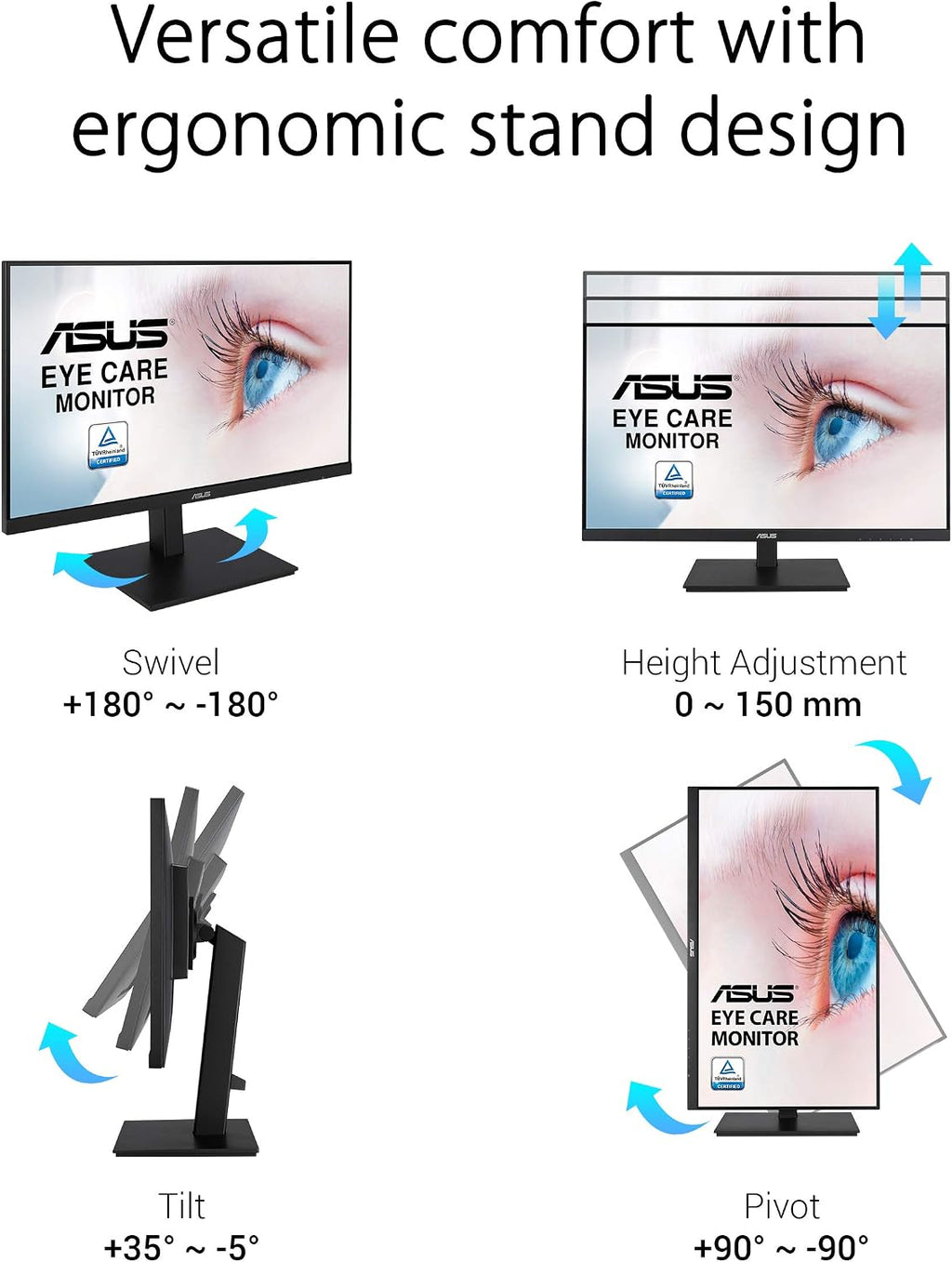 ASUS VA27DQSB 27' Monitor, 1080P Full HD, 75Hz, IPS, Adaptive-Sync, Eye Care, HDMI DisplayPort VGA USB Hub, Frameless, Ergonomic Design, VESA Wall Mountable,Black