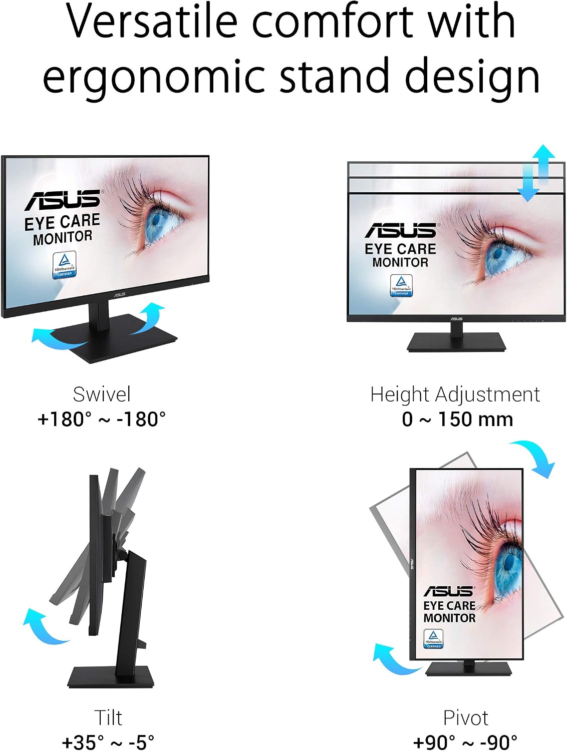 ASUS VA27DQSB 27' Monitor, 1080P Full HD, 75Hz, IPS, Adaptive-Sync, Eye Care, HDMI DisplayPort VGA USB Hub, Frameless, Ergonomic Design, VESA Wall Mountable,Black