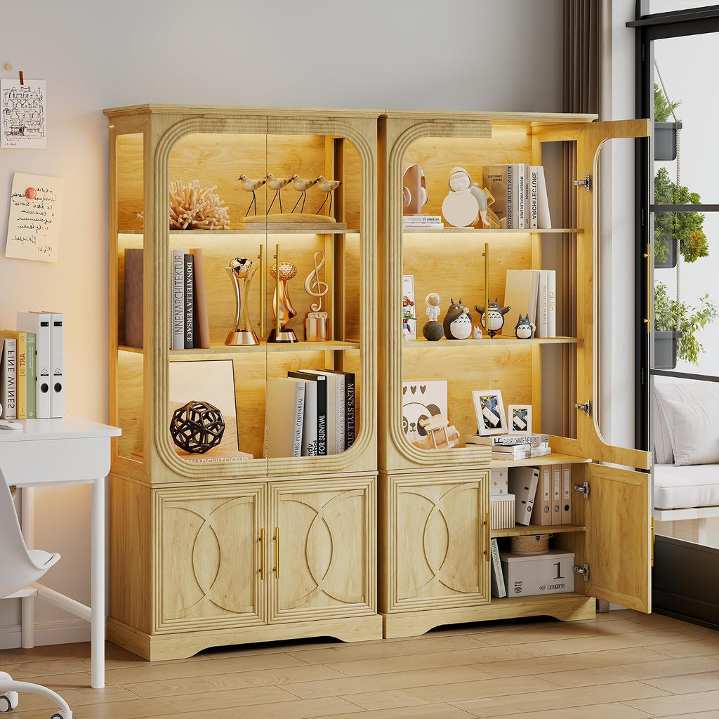 69' Tall Display Cabinet with Glass Doors, Curio Cabinet with 3 LED Lights and Human Body Sensor, Glass Display Case with Storage Cabinet for Living Room, Oak