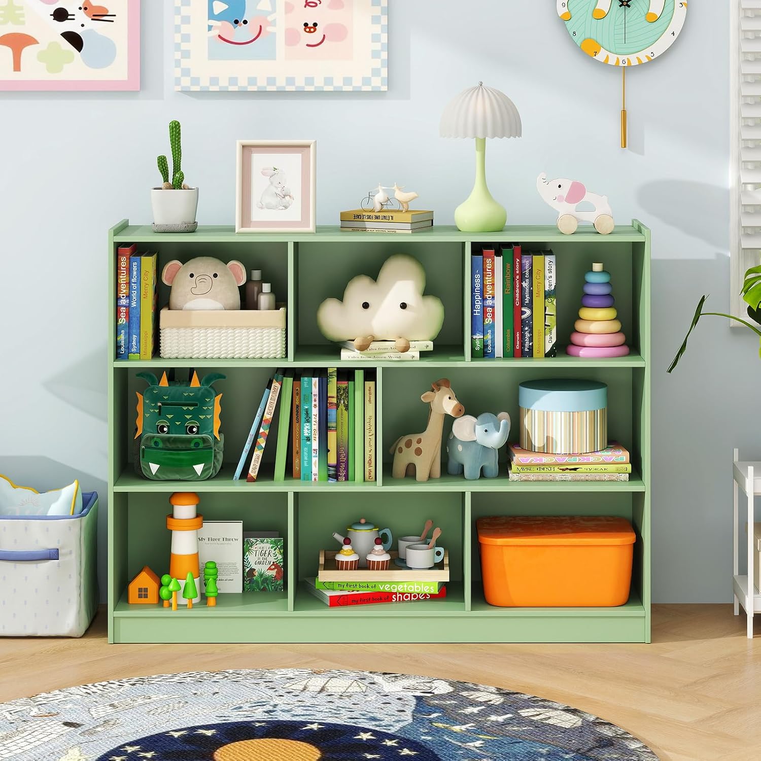 Giantex 8 Cube Bookcase, Freestanding 3-Tier Open Bookshelf, Modern Storage Display Cabinet, Wood Cube Storage Organizer for Living Room, Kid's Room, Mint Green