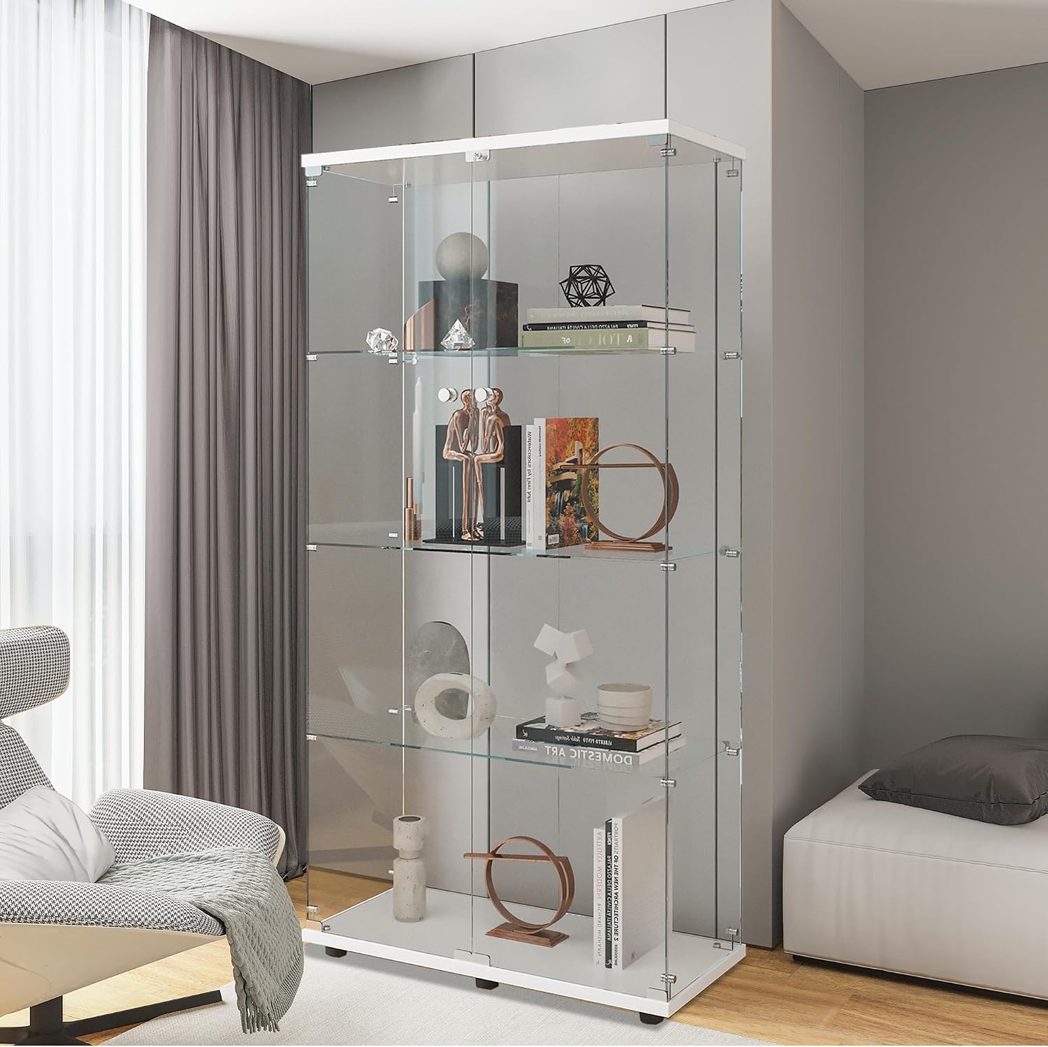 Beauty4U Glass Display Cabinet with 4 Shelves, 2 Doors Curio Cabinets for Living Room, Bedroom, Office, White Floor Standing Glass Bookshelf, Quick Installation