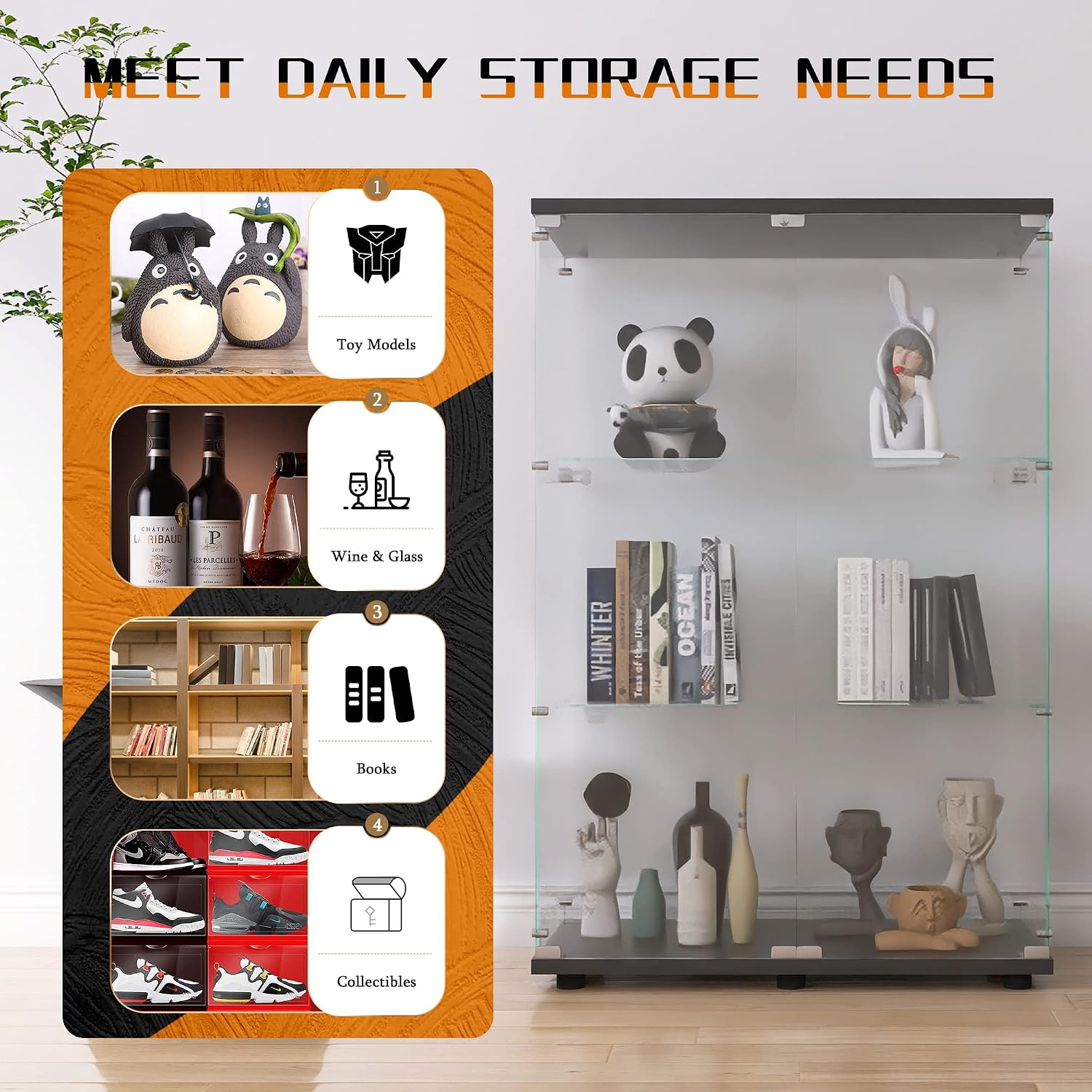 Beauty4U 2 Doors Glass Display Cabinet with 3 Shelves, Curio Cabinets for Living Room, Bedroom, Office, Black Floor Standing Glass Bookshelf, Quick Installation