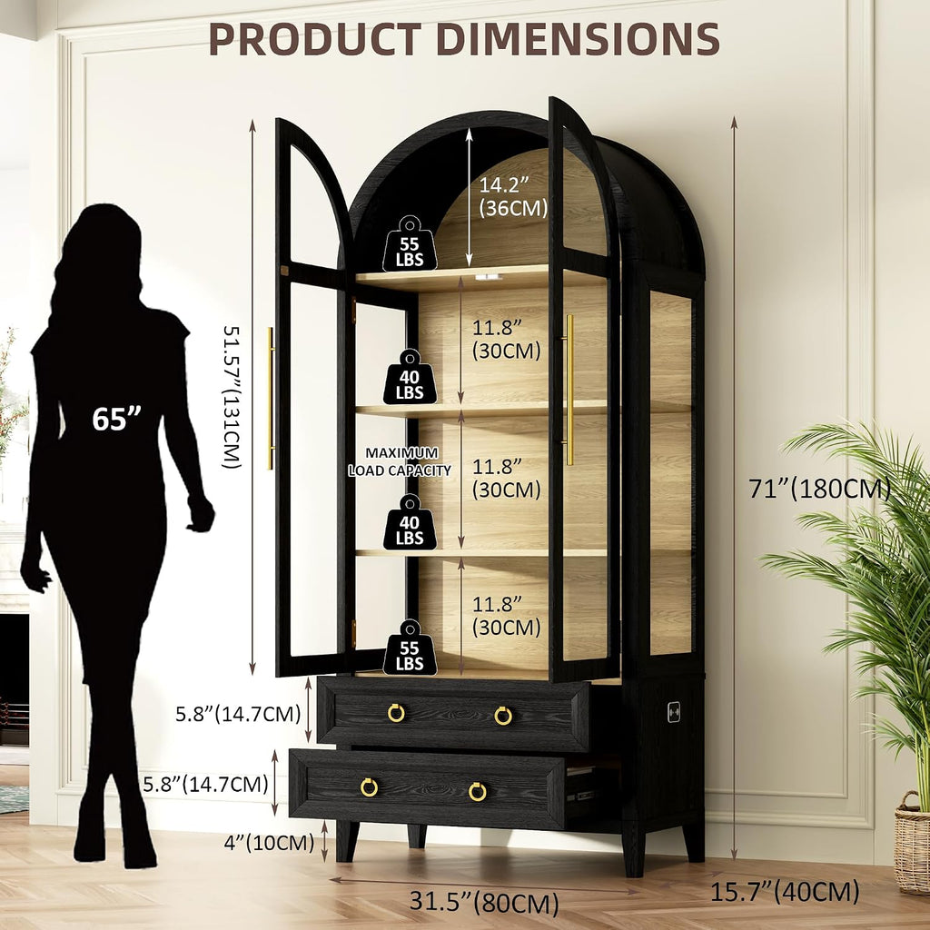 Vlsrka 71' Arched Curio Cabinet with Glass Doors, 4-Shelves Display Cabinet and 2 Drawers, Display Case with 3 Color Lights, Tall Bookcase, Kitchen Pantry, Black+Wood
