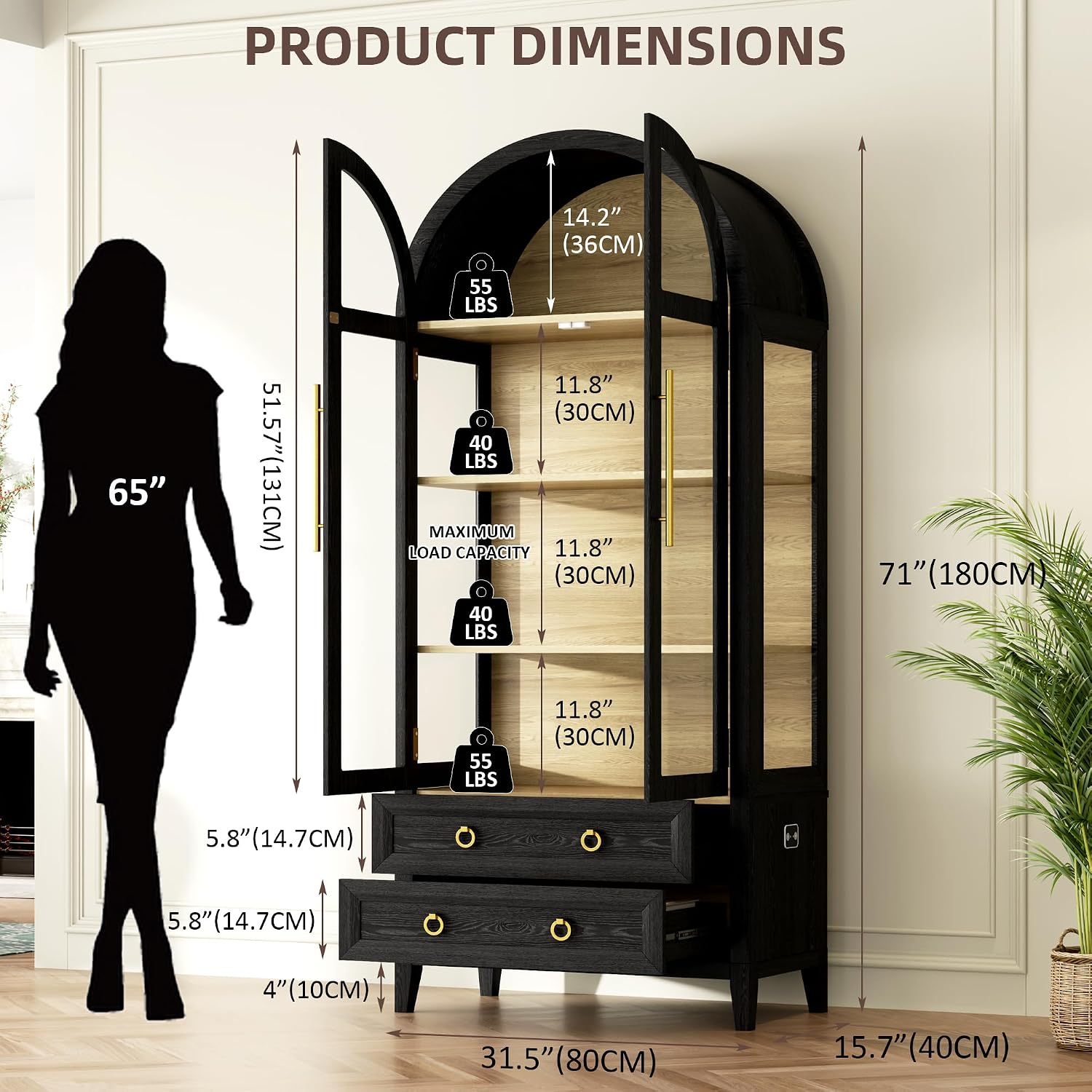 Vlsrka 71' Arched Curio Cabinet with Glass Doors, 4-Shelves Display Cabinet and 2 Drawers, Display Case with 3 Color Lights, Tall Bookcase, Kitchen Pantry, Black+Wood