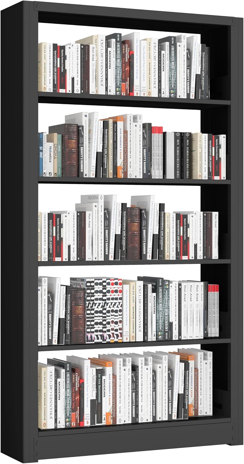 Large Metal Bookcase, 69' Modular Bookshelf with Storage, 5 Tier Bookcase with Adjustable Shelves, Extra Tall Book Shelves, Modern Book Case for Library, Office, Entryway, Living Room（Black）