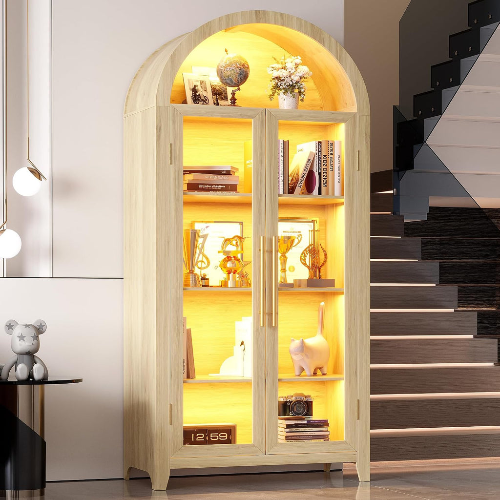 Vlsrka 71' Arched Kitchen Pantry Storage Cabinet with Glass Doors, 5-Tier Display Cabinet for Collectibles, Tall Bookcase with LED Light & Human Sensor, Curio Cabinet with Adjustable Shelf