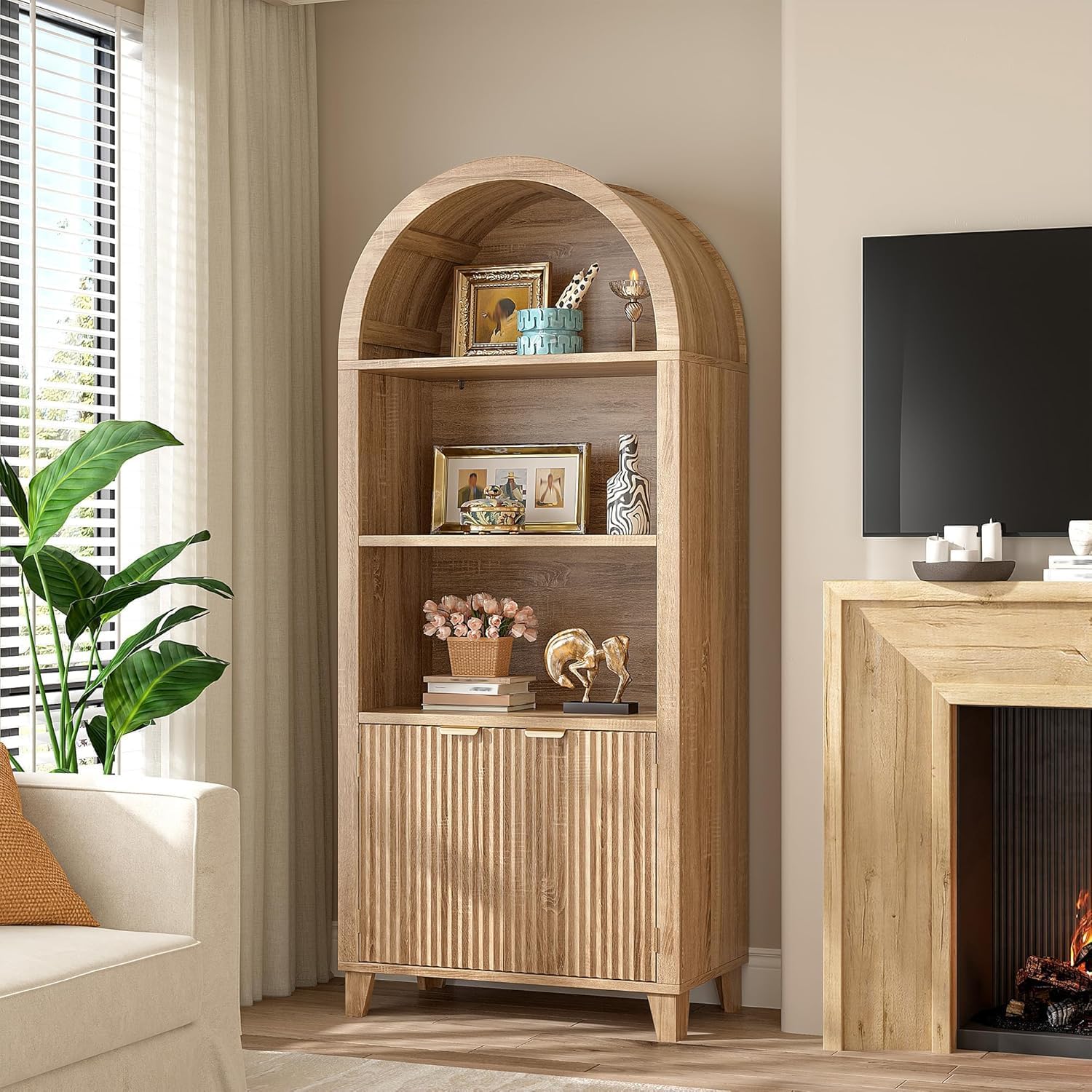 DurayLoly Book Shelf Arched Cabinet, 5-Tier Arched Bookcase with Doors and Adjustable Wood Shelves, Wooden Storage Cabinet with Open Display Shelf for Office,Living Room, Kitchen, Light Oak