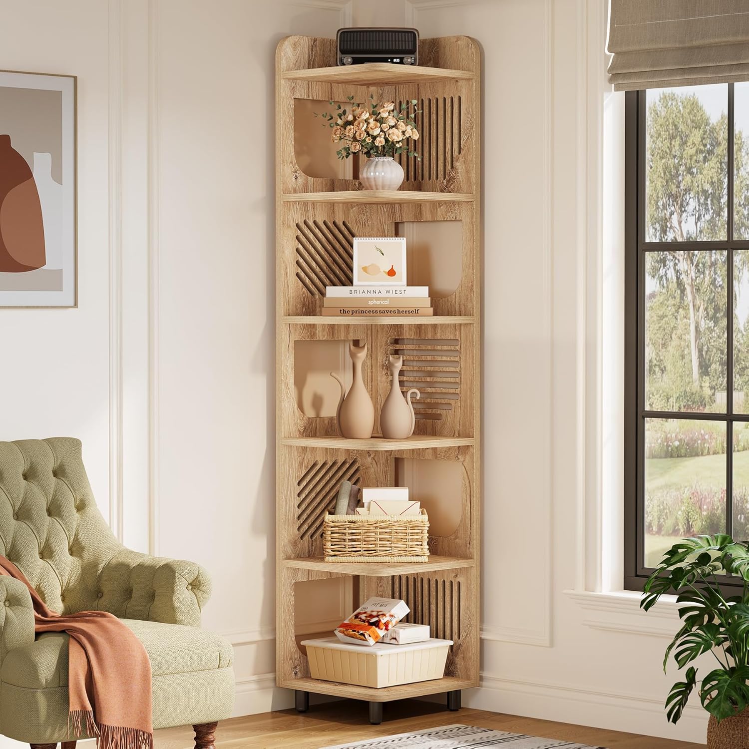 Tribesigns 6-Tier Tall Corner Shelf, 71-Inch Rustic Narrow Corner Bookshelf Bookcase with Square Rack, Freestanding Corner Display Storage Shelf Organizer for Living Room, Kitchen, Office, Natural