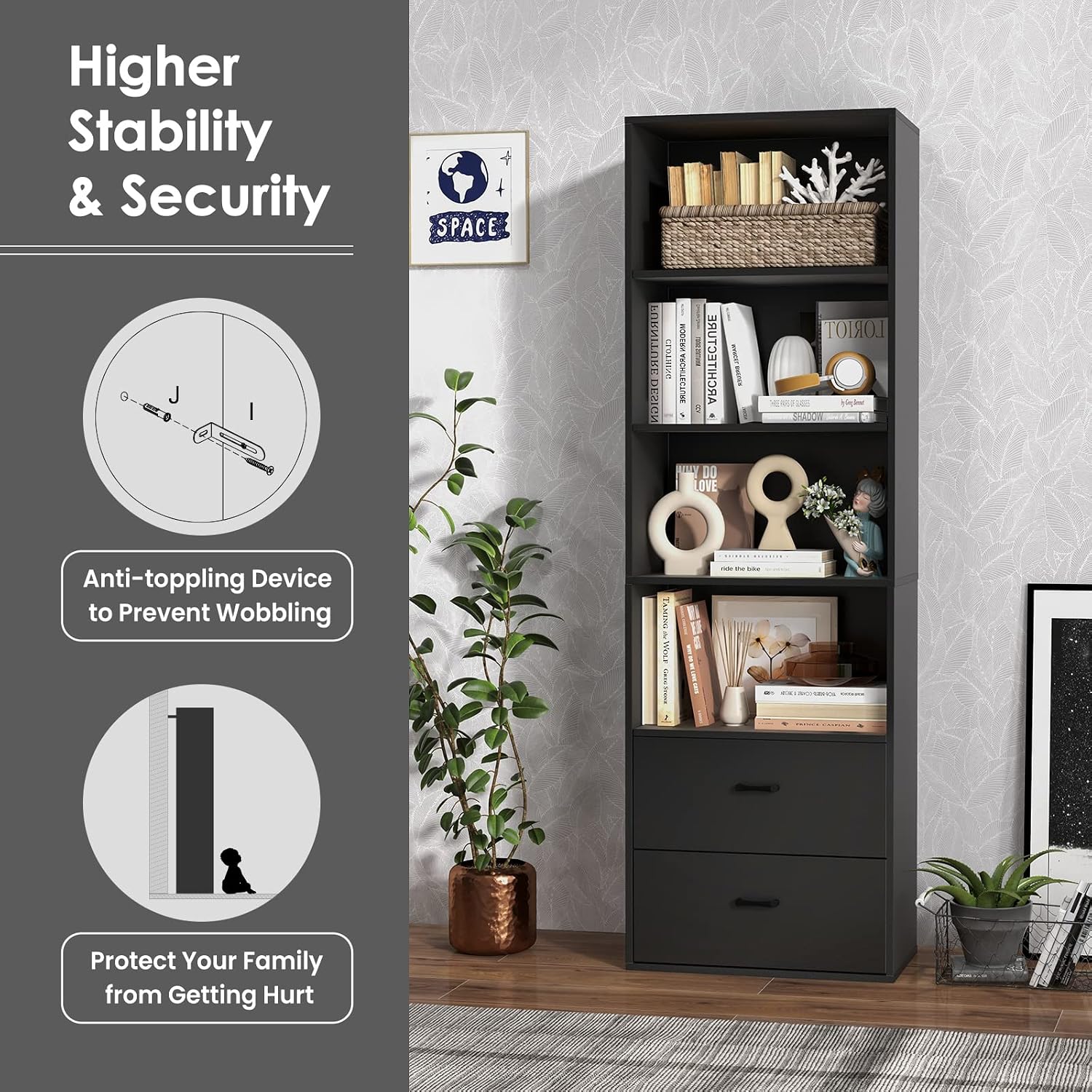 Tangkula 4 Shelf Bookcase with 2 Drawers, 74 Inch 4 Tiers Tall Open Bookshelf with 2 Slide-Out Drawers, Anti-toppling Device, Freestanding Wood Storage Shelf for Home Office (Black, 74' H)