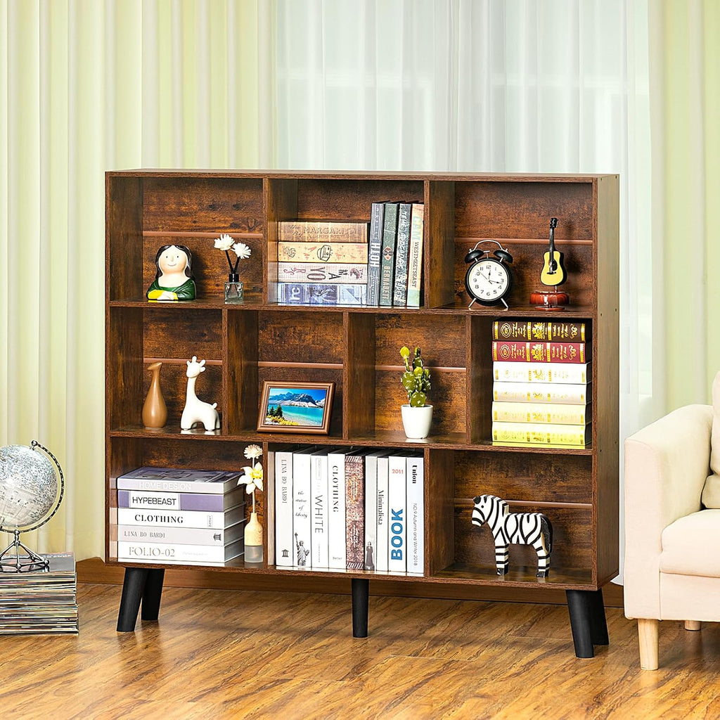 LEYAOYAO 10 Cube Bookshelf,3 Tier Modern Wide Bookcase with Legs,Mid-Century Wood Bookshelves Storage，Brown Large Book Case,Freestanding Organizer Display Shelf for Bedroom,Living Room,Office