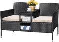 Devoko Outdoor Patio Loveseat Modern Rattan 2-Seat Patio Conversation Set with Cushions & Built-in Coffee Table Porch Furniture for Garden Lawn Backyard (Beige)