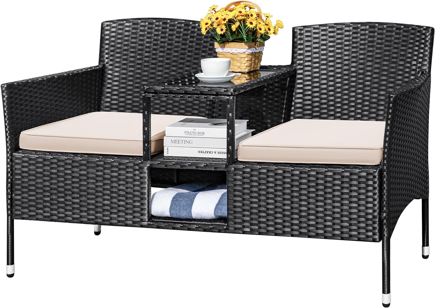 Devoko Outdoor Patio Loveseat Modern Rattan 2-Seat Patio Conversation Set with Cushions & Built-in Coffee Table Porch Furniture for Garden Lawn Backyard (Beige)