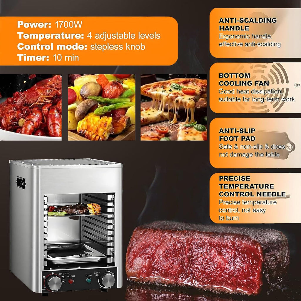 1700W Electric Steak Broiler, Indoor Smokeless Electric Grill, 1472°F Stainless Steel Steak Cooker with 10-Tier Adjustable Rack, for BBQ Beef Chicken Vegetables 4GrillingSlots