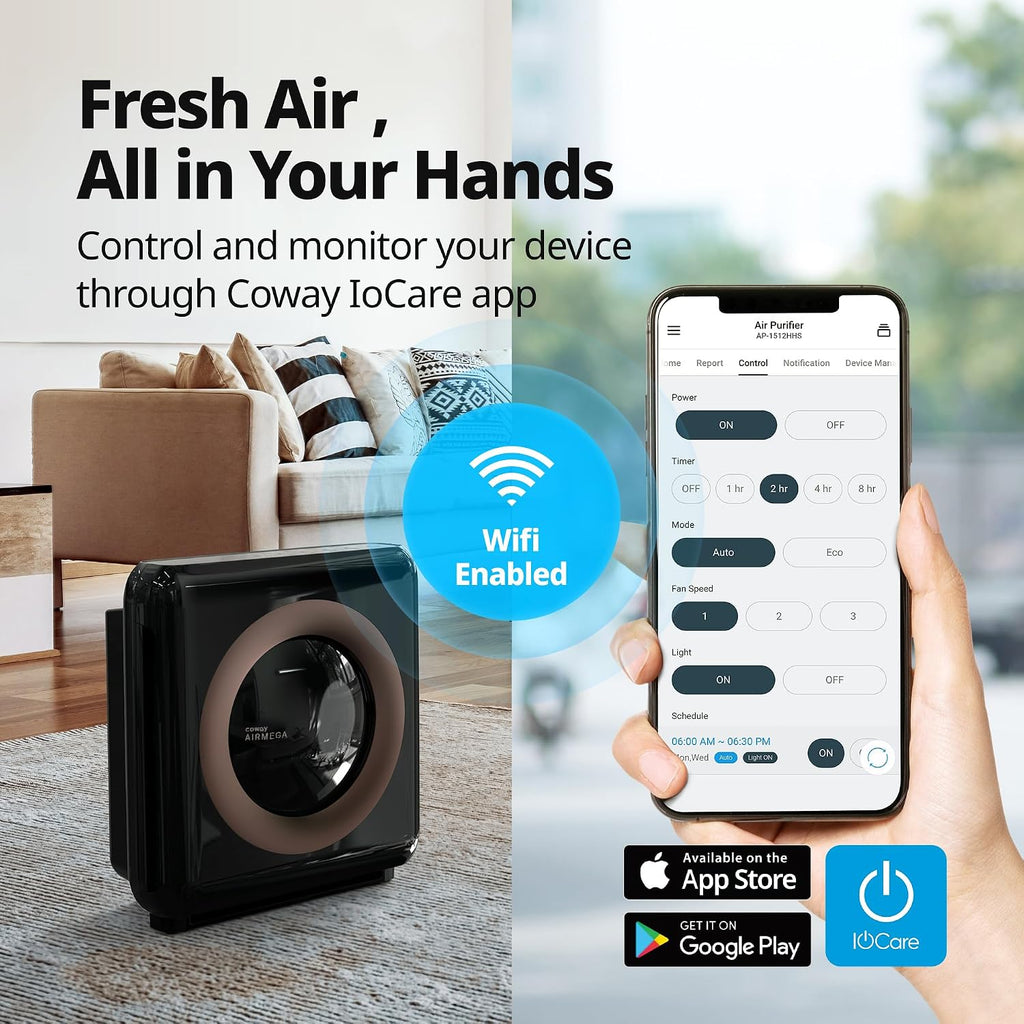 COWAY Air Purifier for Home Up to 1,575ft², App-Enabled Smart Technology, Compatible with Amazon Alexa, HEPA Filter for Smoke, Allergies, Odor, Auto Mode, Airmega AP-1512HHS Black