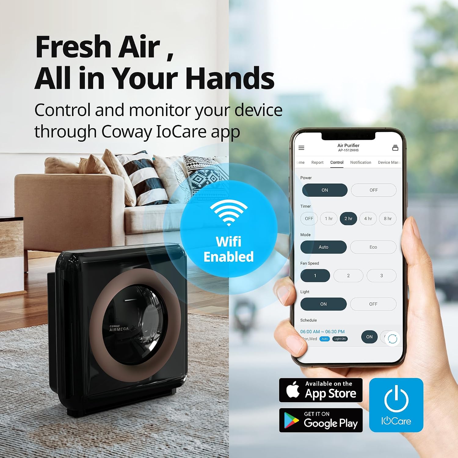 COWAY Air Purifier for Home Up to 1,575ft², App-Enabled Smart Technology, Compatible with Amazon Alexa, HEPA Filter for Smoke, Allergies, Odor, Auto Mode, Airmega AP-1512HHS Black
