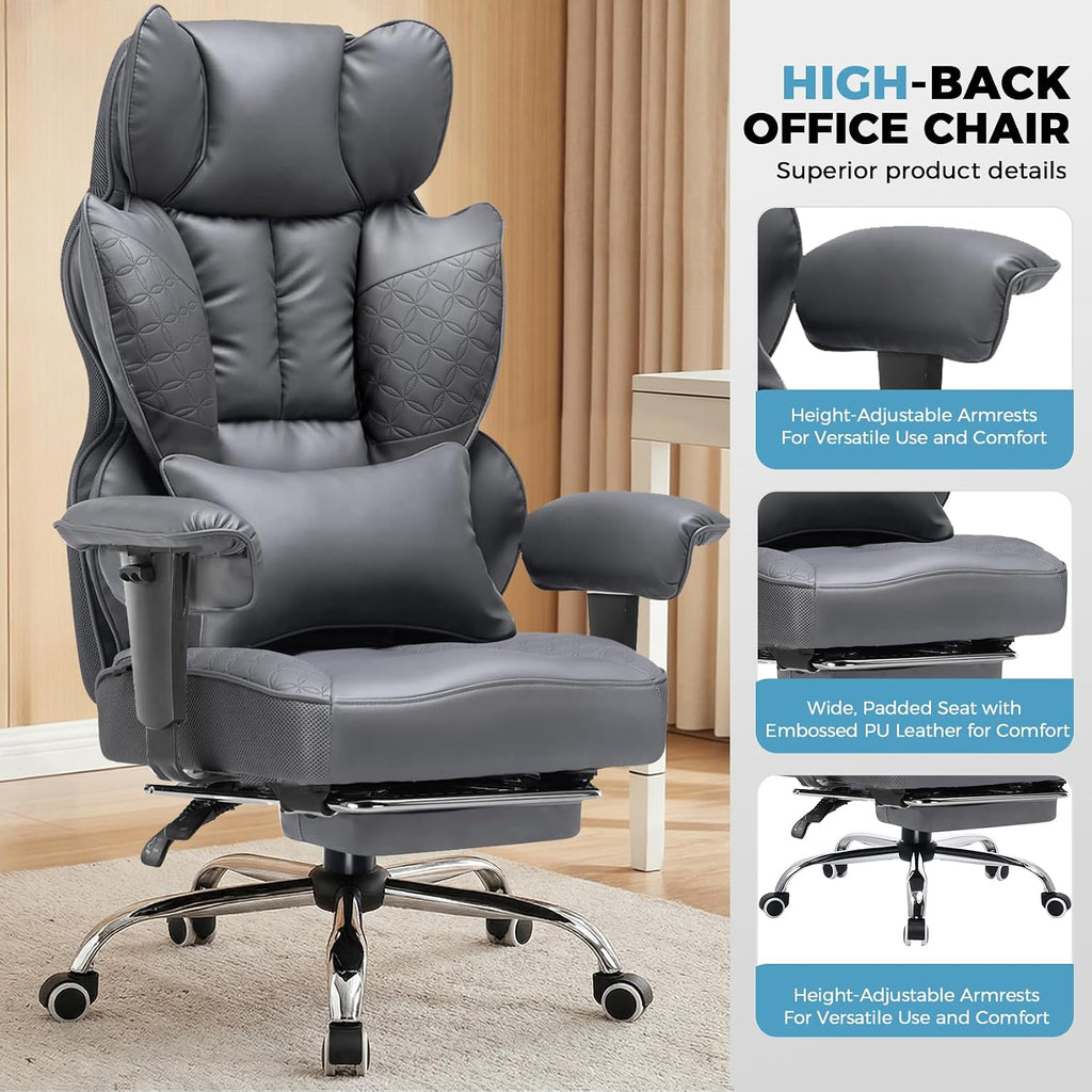 COMHOMA Big and Tall Office Chair Heavy Duty Wide Ergonomic Gaming Chair with Deluxe Embossing Designed Leather with Foot Rest,150°Reclining Adjustable Armrests Pocket Spring Back Support and Pillow