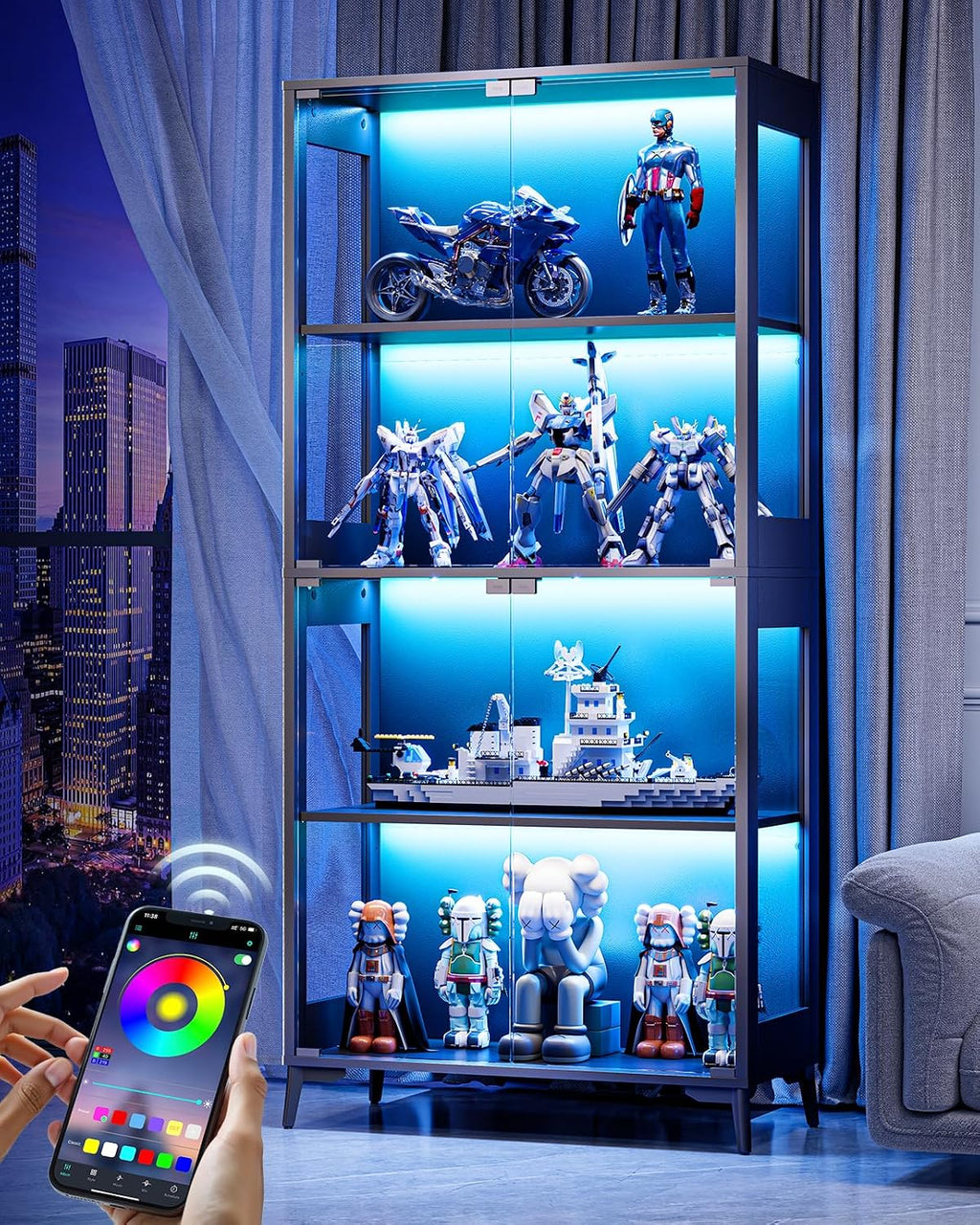 Display Cabinet with Glass Doors, 4-Tier Curio Cabinet, Adjustable Shelves, 60,000 Color Lights for Collectibles, Glass Display Case with App & Remote Control, Bookcase, Storage Cabinet, Black