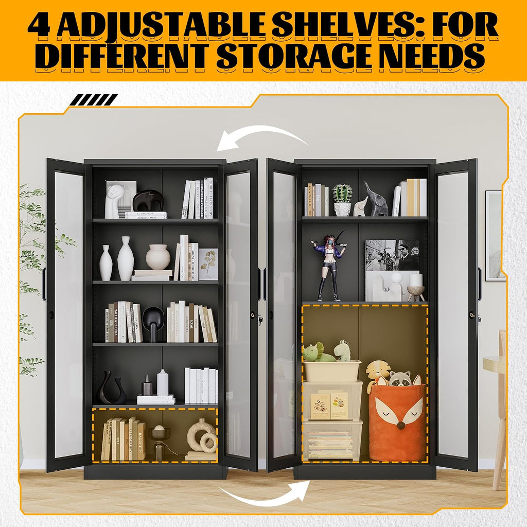 Metal Storage Cabinet with Lock and Glass Doors,Glass Display Cabinet,Black Storage Cabinets,Locking Curio Cabinets with 5 Shelves for Collectibles,Home,Office,Living Room