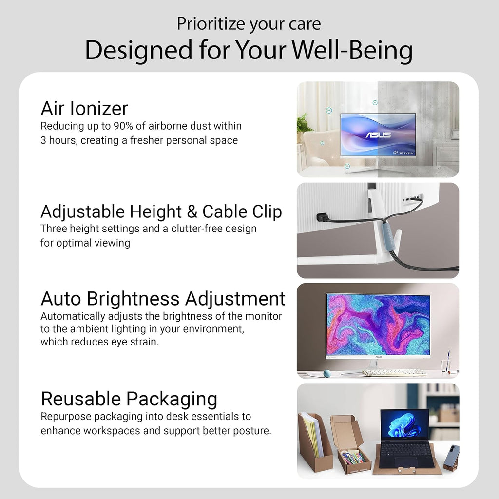 ASUS 24' (23.8 inch viewable) 1080P Eye Care Monitor (VU249HFI-W) - Full HD, IPS, 100Hz, SmoothMotion, Adaptive Sync, Nano-ion, Eye Care Plus, VESA Wall Mountable, 3 yr Warranty