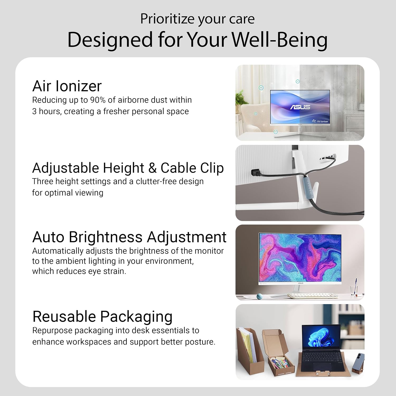 ASUS 27' 1080P Eye Care Monitor (VU279HFI-W) - Full HD, IPS, 100Hz, SmoothMotion, Adaptive Sync, Nano-ion, Eye Care Plus, Blue Light Filter, Flicker Free, VESA Wall Mountable, 3 yr Warranty