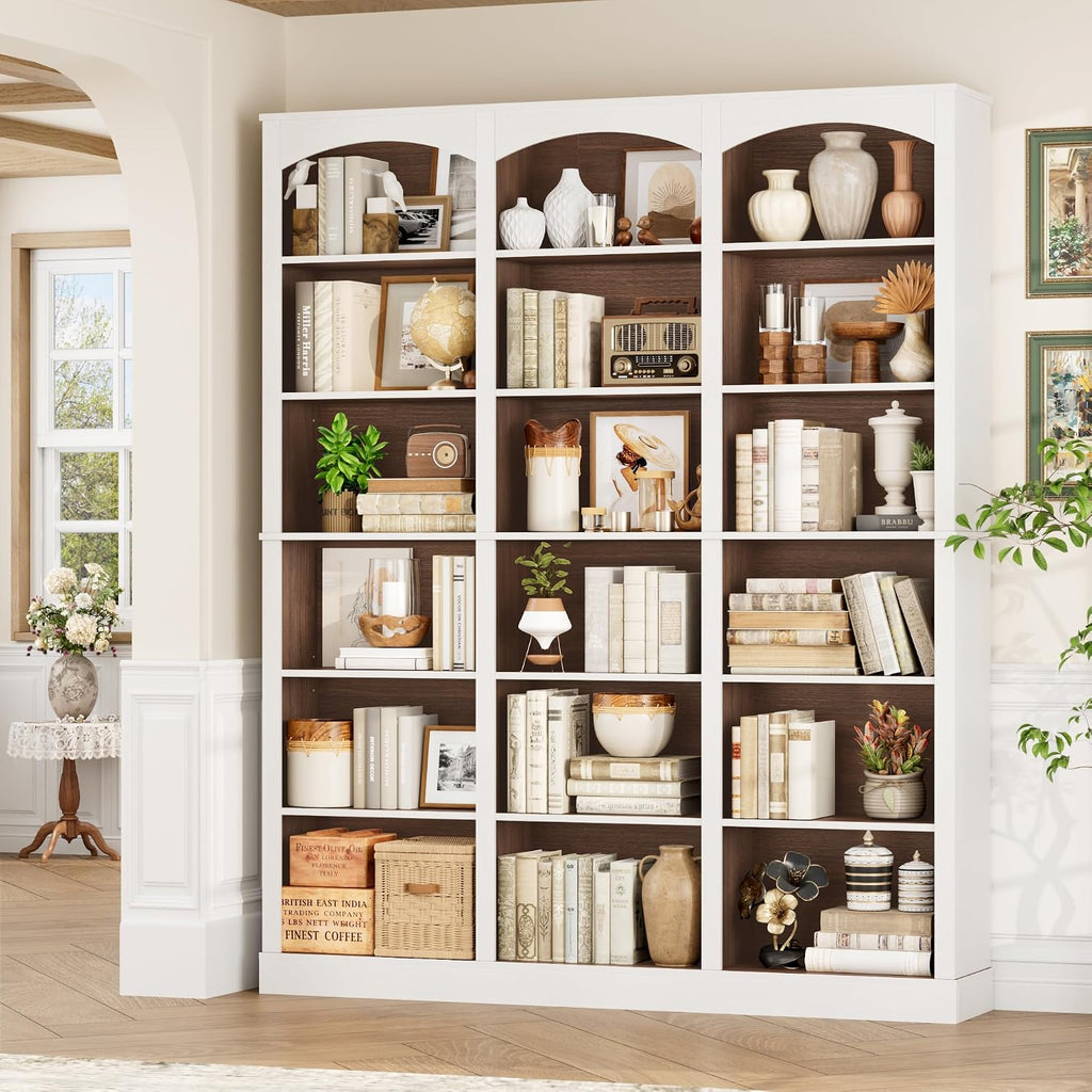 FACBOTALL 71' Triple Wide Bookshelf, 6 Tier Tall Bookshelf, Large Bookcase with Curved Baffle, 63.4' Wide Book Shelf with 18 Open Display Shelves for Living Room, Study, Walnut and White
