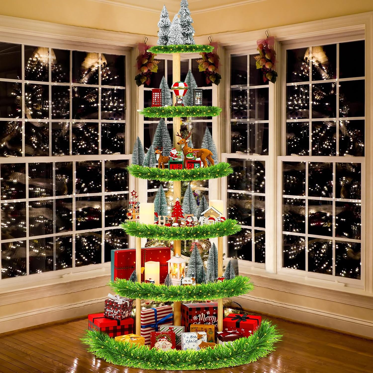 DoubleFill 6 Tier 72 Inch Christmas Tree Village Stand Christmas Bookshelf Display Supply Large Xmas Ornament Displays Tree Stands Xmas Wooden Display Trees Stand for Holiday Displays (Semicircle)