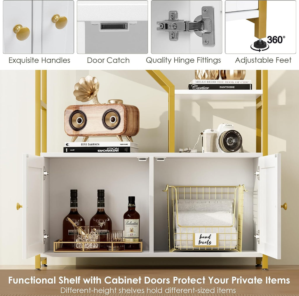 Keyluv 76' Tall Gold Bookshelf with Cabinet Storage, Multifunctional Open Display Bookcase with Door, Large Book Shelf Organizer for Living Room, Home, Office, Heavy Duty Metal & Wood, Modern White