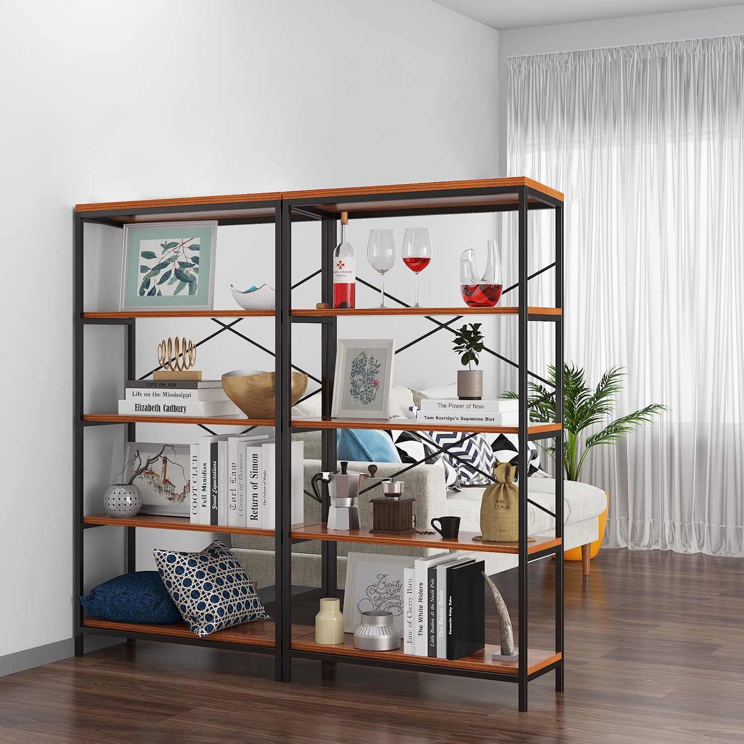 Himimi Industrial Bookshelf 5-Tier Set of 2, Bookcase 58' H Ladder Shelf, Storage Shelves Rack Shelf Unit, Accent Furniture Metal Frame, Home Office Furniture, Vintage Brown（2PCS）