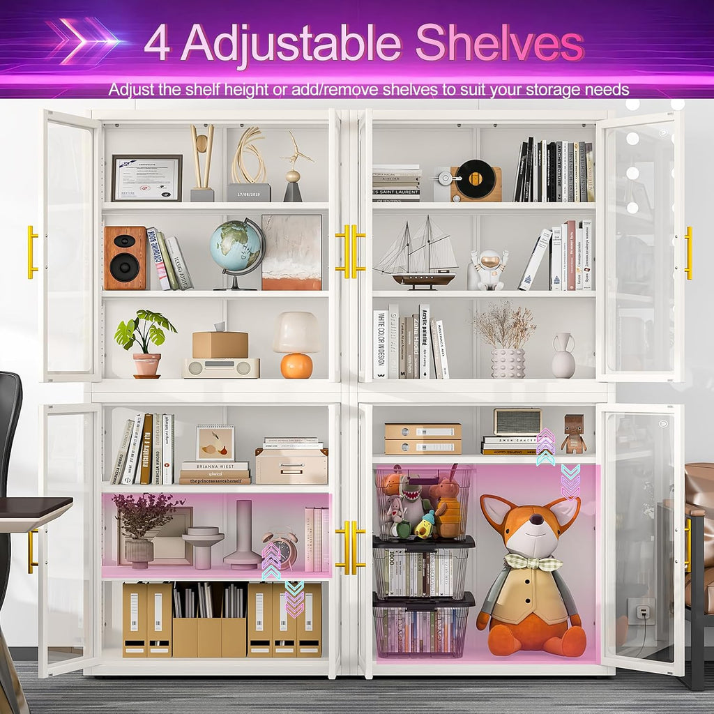 34' Display Cabinet with Glass Doors, 4-Tier Curio Cabinet with Many Color Lights for Collectibles, Glass Display Case, Bookcase with 4 Shelves, Storage Cabinets, White