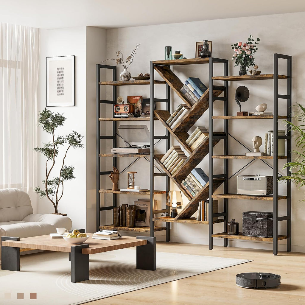 INNOD 70x70 Triple 5 Tier Book Shelf, Large Wooden Bookcase with 17 Open Display Shelf, Modern Tree Bookshelf Metal Frame Tall Book Case Furniture for Living Room Bedroom Home Office Rustic Brown