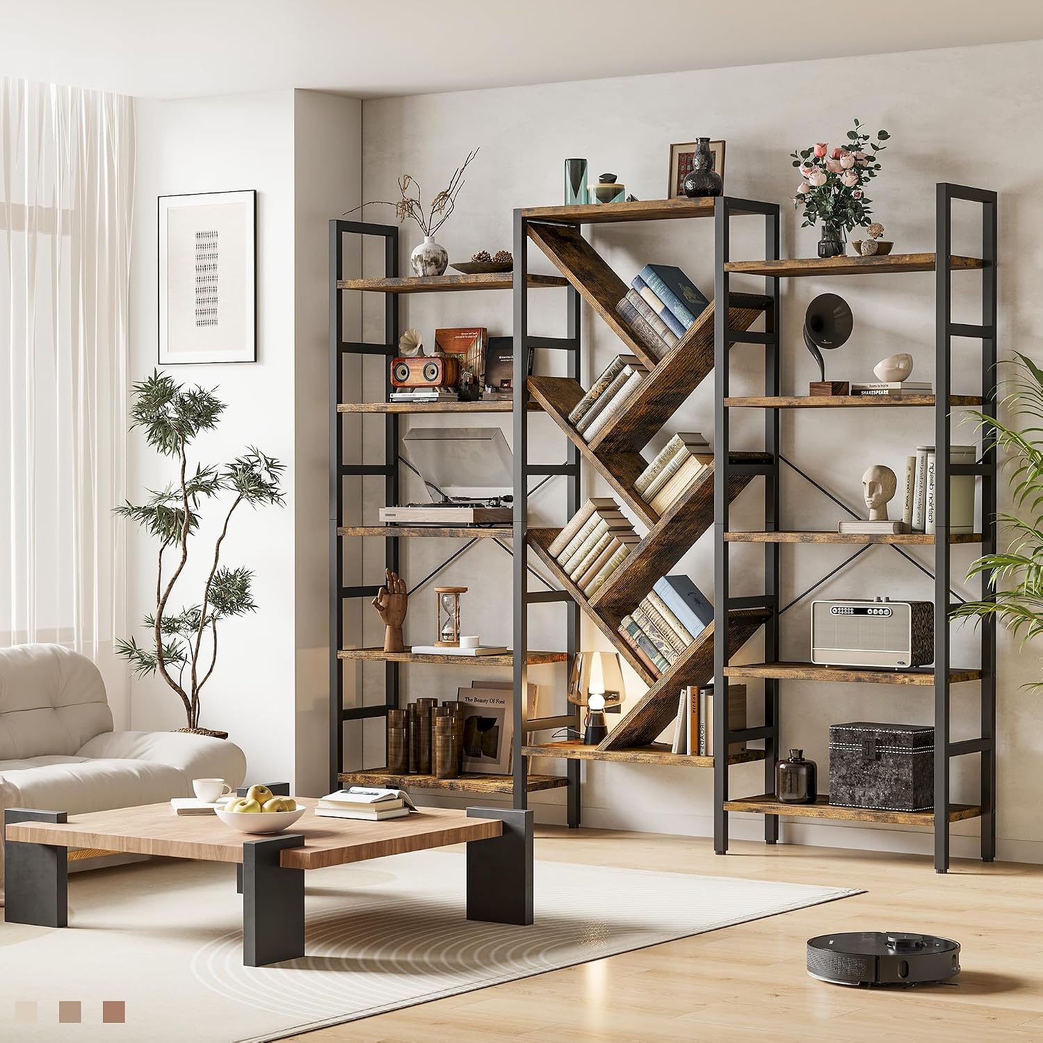 INNOD 70x70 Triple 5 Tier Book Shelf, Large Wooden Bookcase with 17 Open Display Shelf, Modern Tree Bookshelf Metal Frame Tall Book Case Furniture for Living Room Bedroom Home Office Rustic Brown
