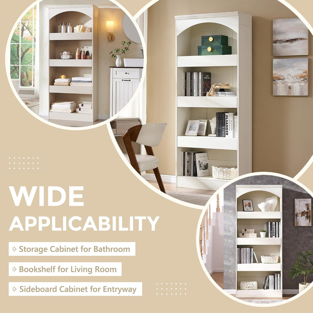 IFGET 76' Tall Arched Bookcase with 1PC Magnetic Lock Drawer, Modern Wooden Arch Bookshelf w/3 Pull-Out Drawers, Farmhouse 4 Tiers Book Shelf w/Open Shelves for Living Room, Office (Antique White)