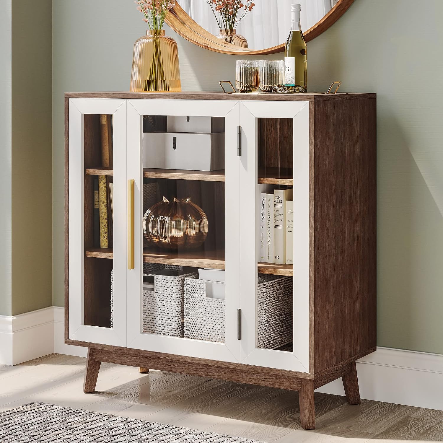 BELLEZE 31' Modern Display Curio Cabinet, 3-Tier White Storage Buffet with Tempered Glass Doors & Adjustable Shelves for Dining Room, Kitchen, Living Room & Office - White