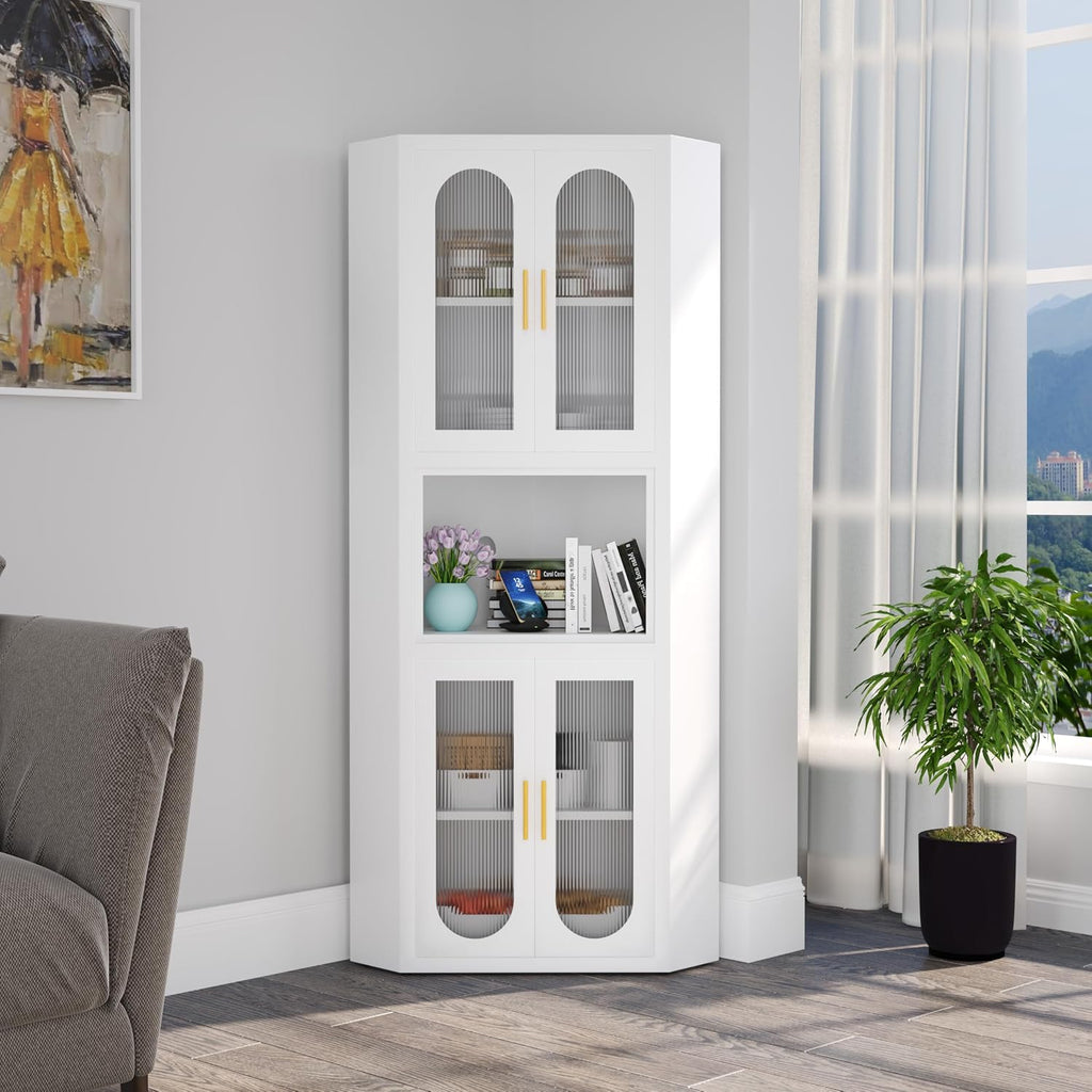 GAIOUS 63.6' Farmhouse Corner Cabinet, Tall Metal Pantry Storage Cabinet with 4 Acrylic Glass Doors & 1 Open Bar Shelf, Corner Cupboard for Kitchen Bathroom Living Room Bedroom Hallways (White)
