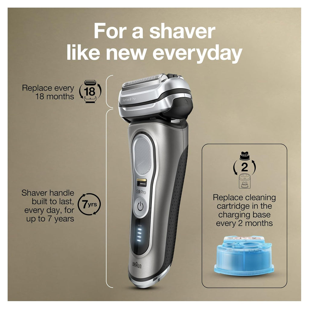 Braun Electric Razor for Men, Series 9 Pro 9465cc Wet & Dry Electric Foil Shaver with ProLift Beard Trimmer, Cleaning & Charging SmartCare Center, Head Shavers for Bald Men, Noble Metal