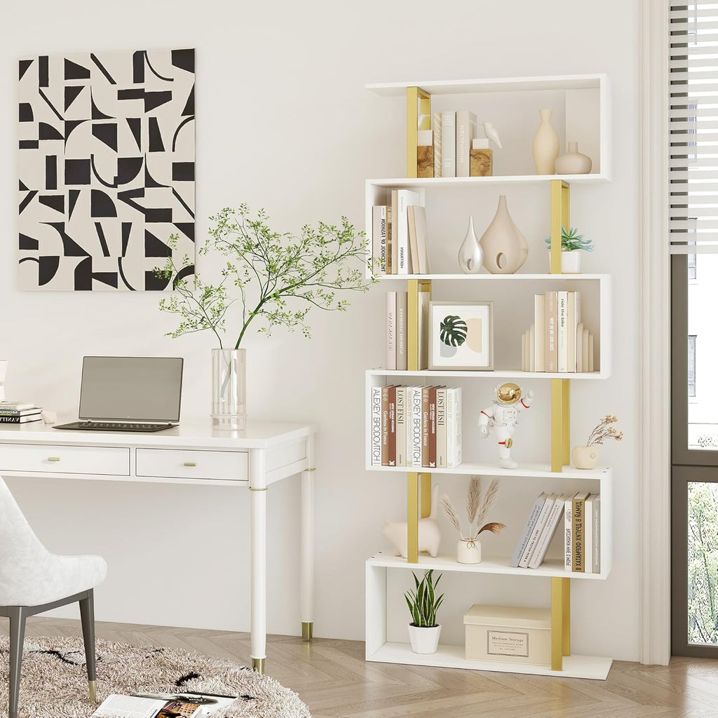 Yusong Geometric Bookcase, S Shaped Bookshelf 6-Tier Book Shelves for Bedroom, Modern Wood Decorative Display Shelf Tall Book Case for Home Office, Gold and White