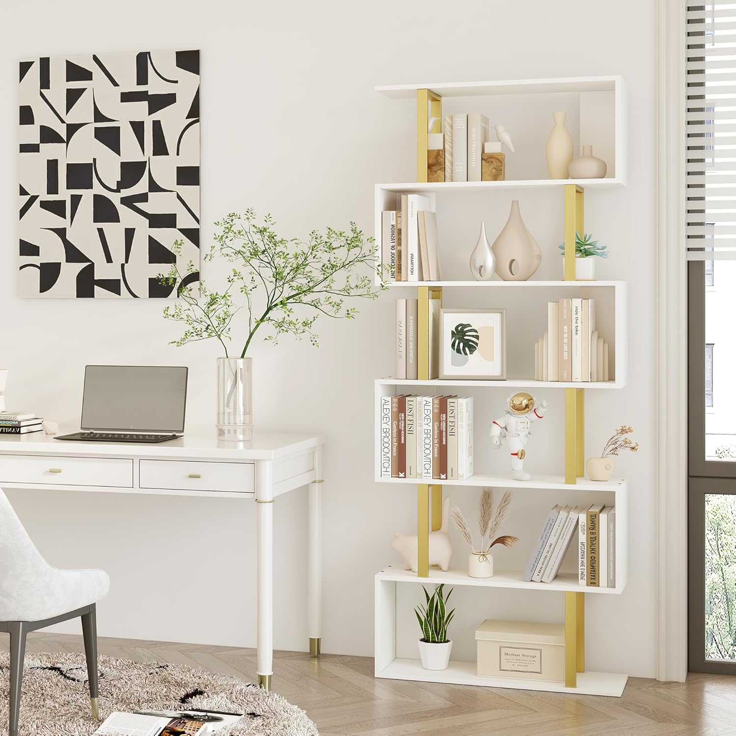 Yusong Geometric Bookcase, S Shaped Bookshelf 6-Tier Book Shelves for Bedroom, Modern Wood Decorative Display Shelf Tall Book Case for Home Office, Gold and White