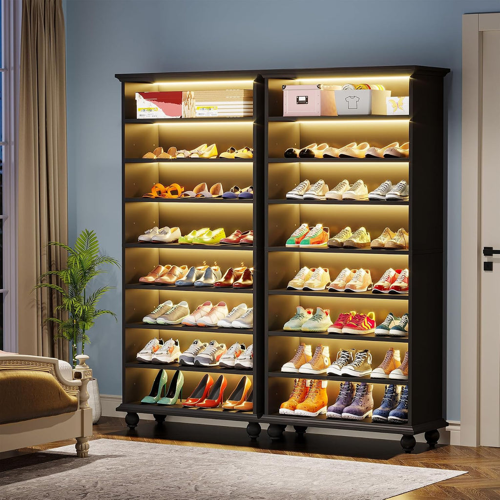 Tribesigns Narrow Tall Shoe Cabinet with LED Lighting, 9-Tier 30 Pairs Freestanding Shoes Storage Cabinet, Wood Shoe Organizer Cabinet with Solid Wooden Legs for Entryway (2, Black)