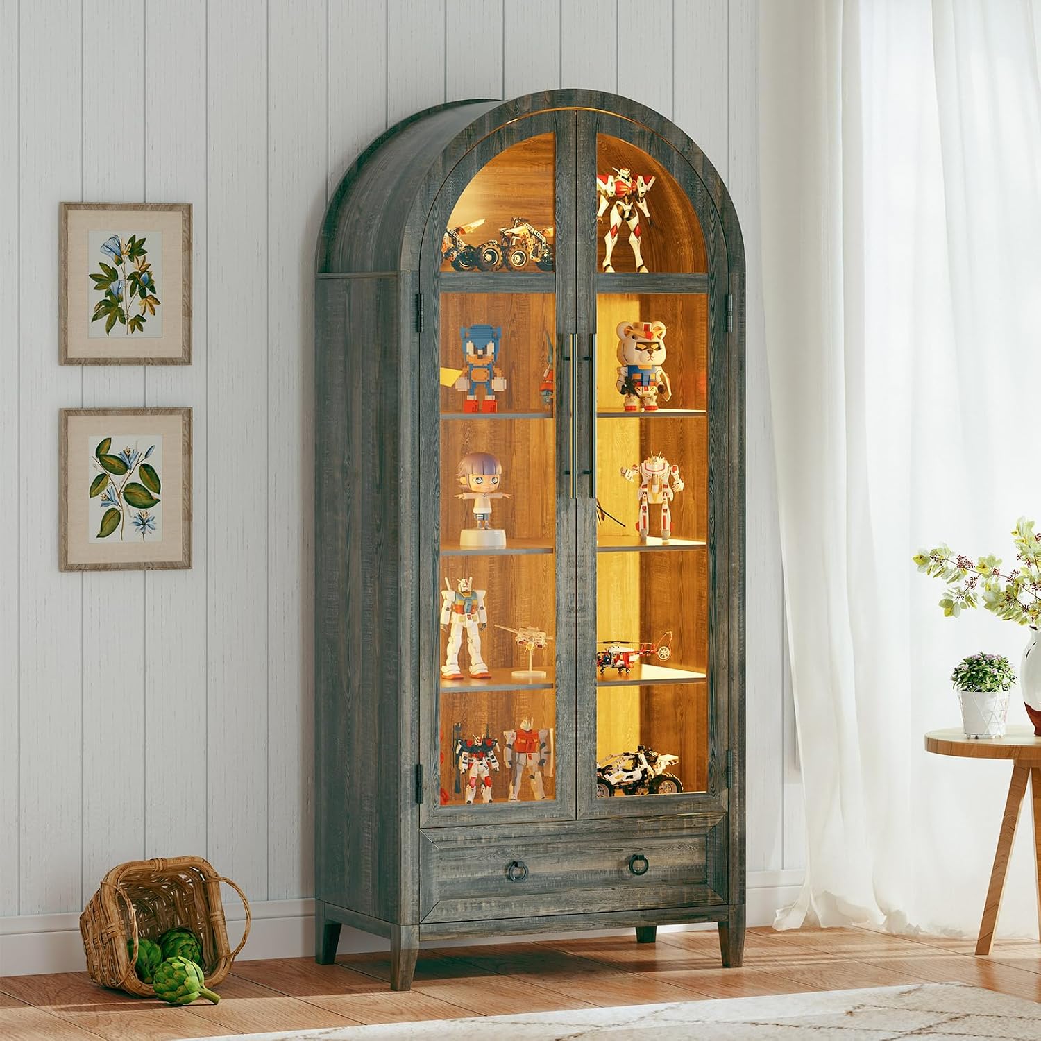 Arch Display Cabinet with Glass Doors, 4-Tier Curio Cabinet Shelves and a Drawer,73' Inch Tall LED Display Case for Collectibles,Bookcase for Bedroom Living Room Office,Brown