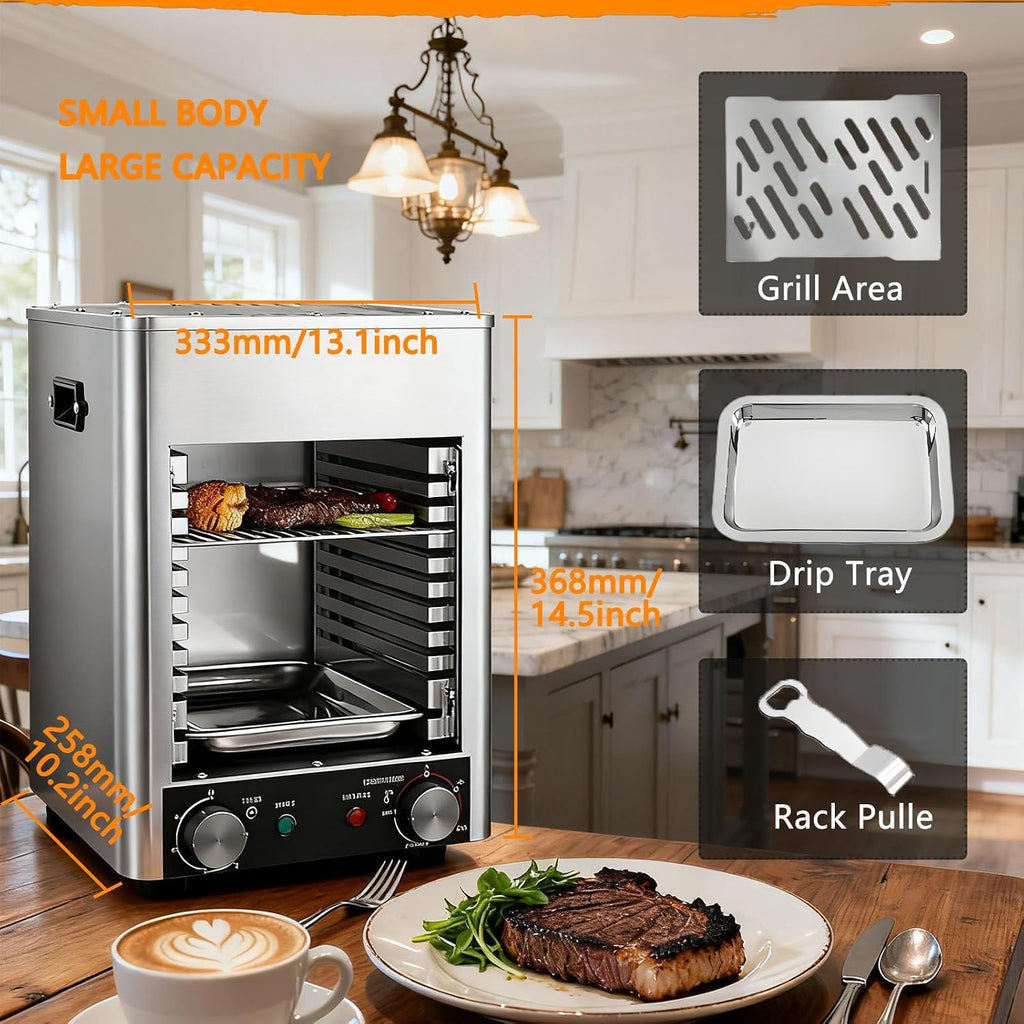 1700W Electric Steak Broiler, Indoor Smokeless Electric Grill, 1472°F Stainless Steel Steak Cooker with 10-Tier Adjustable Rack, for BBQ Beef Chicken Vegetables 10GrillingSlots