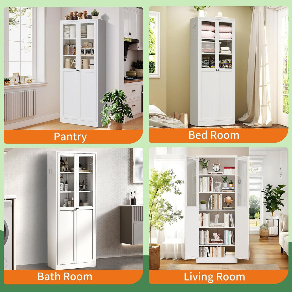 72' Metal Storage Cabinets with 5 Adjustable Shelves 2 Doors(Half Glass Door),White Kitchen Pantry Cabinet,Steel Cupboard Display Cabinets for Kitchen,Living Room,Bathroom,Assembly Required