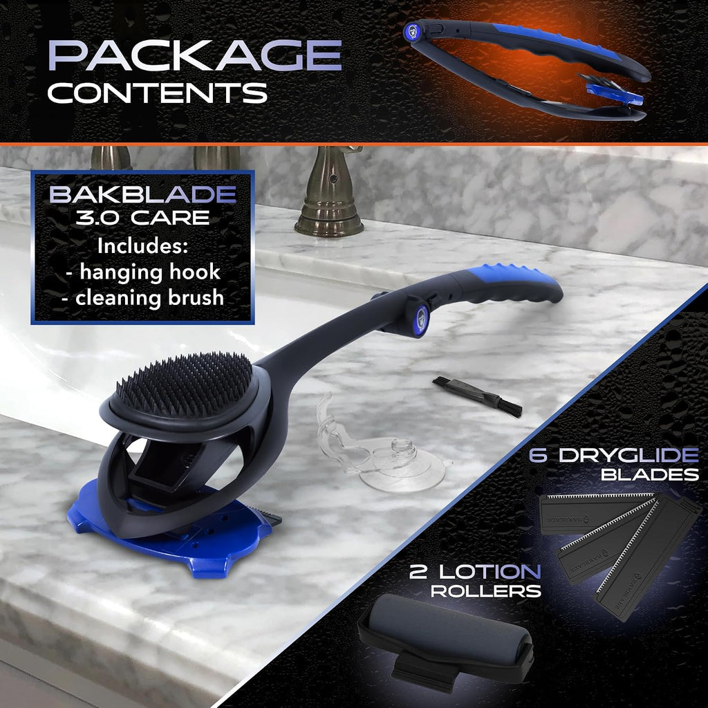 BakBlade 3.0 Stealth Total Care Set | Back Shaver With Lotion Applicator | All-in-1 Kit with 23' Handle +3 Extra Blade Refills for a Pain-Free Back Shave for Men